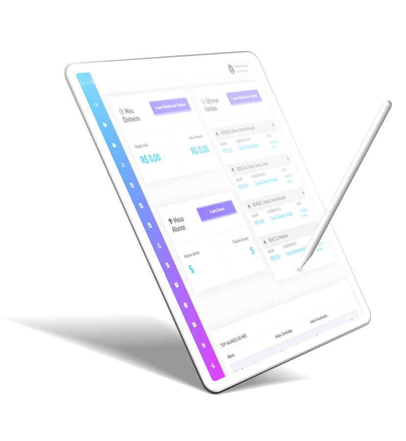Mockup de ipad com caneta, com dashboard inicial da plataforma