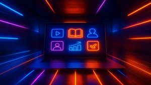 Laptop com ícones neon de vídeo, livro, pessoa, gráfico e marca de seleção em fundo escuro com linhas coloridas.