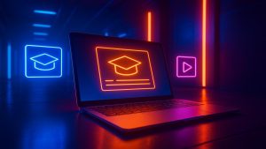 Laptop com ícone de chapéu de formatura em tela, cercado por luzes neon azul e rosa.