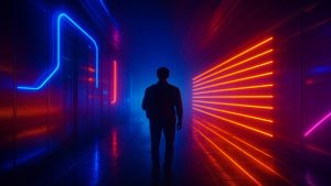 Silhueta de pessoa em corredor futurista com luzes de néon azuis e vermelhas.