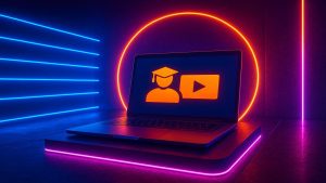 Laptop com ícones de educação e vídeo, cercado por luzes neon em ambiente escuro.