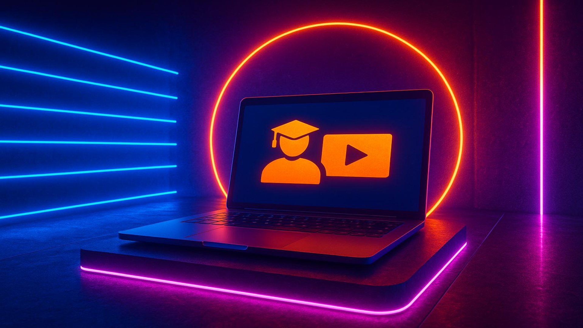Laptop com ícones de educação e vídeo, cercado por luzes neon em ambiente escuro.