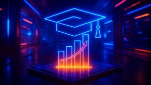 Chapéu de formatura neon acima de gráfico de barras crescente em fundo tecnológico.
