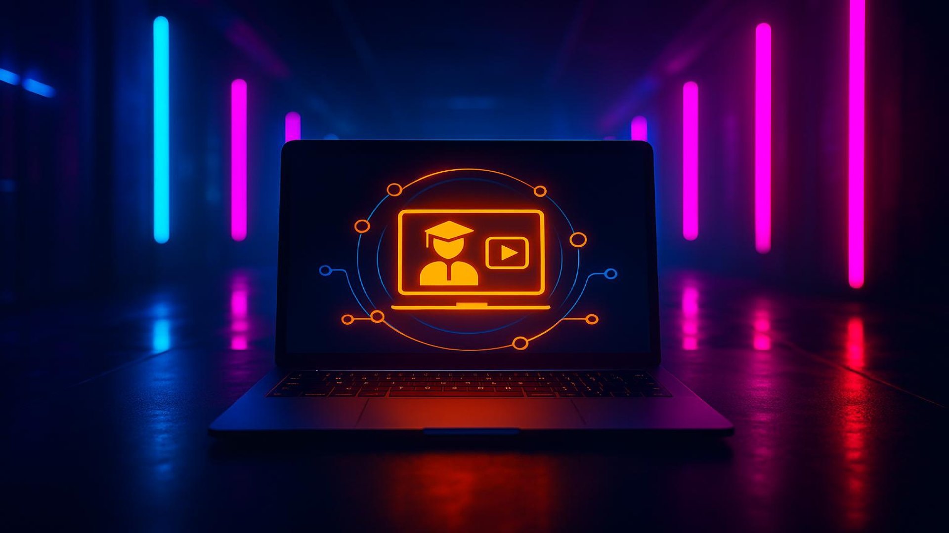 Computador com ícone de curso online iluminado em laranja, fundo escuro com luzes neon rosa e azul.