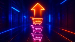 Carrinhos de compras neon em fila com seta para cima, em corredor escuro iluminado por luzes azuis e vermelhas.