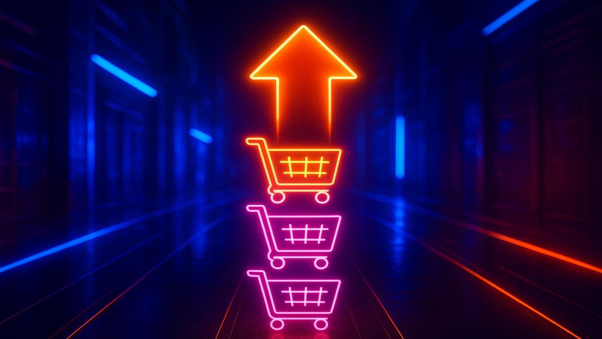 Carrinhos de compras neon em fila com seta para cima, em corredor escuro iluminado por luzes azuis e vermelhas.