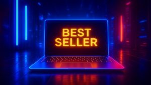 Laptop com tela exibindo "BEST SELLER" em letras laranja brilhantes, cercado por luzes neon azul e vermelha.