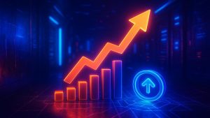 Gráfico de barras crescente e seta ascendente em neon laranja e azul em fundo escuro futurista.