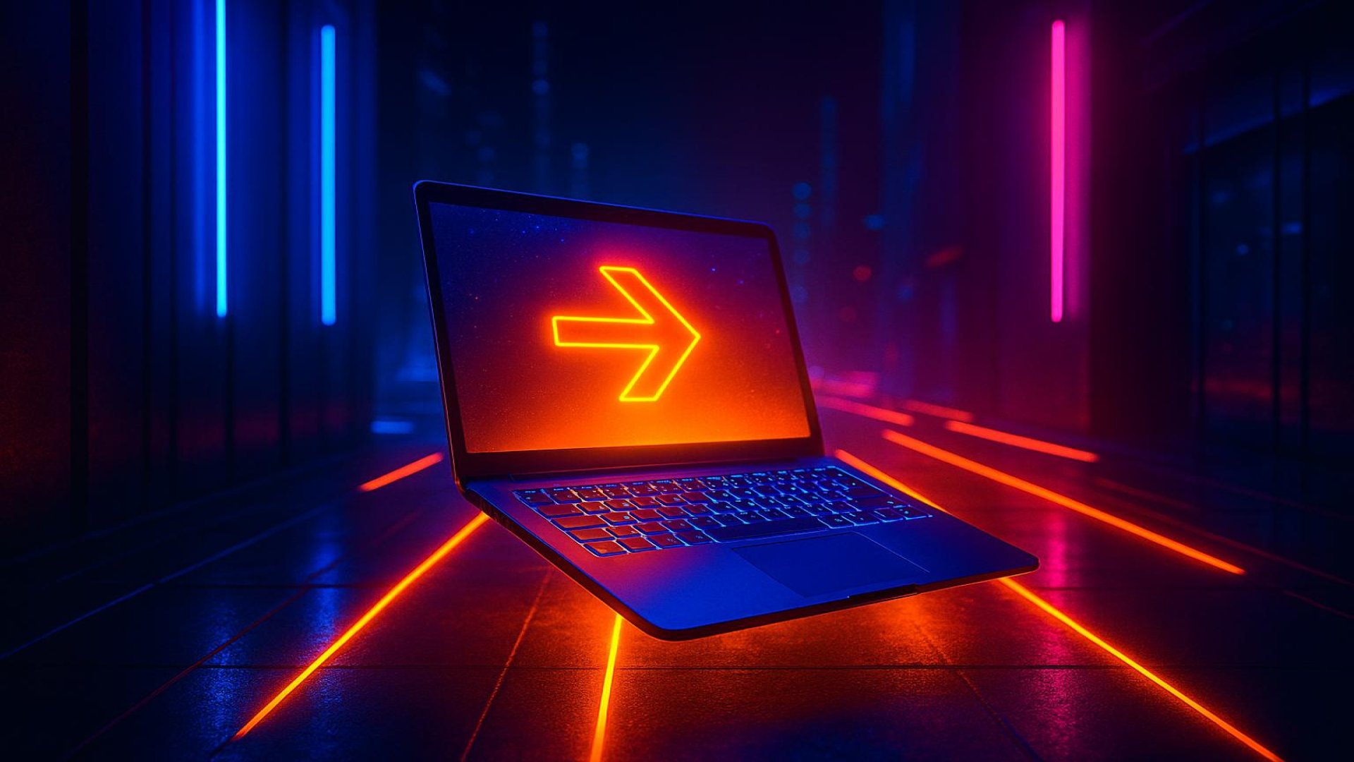 Laptop flutuante em corredor escuro com luzes neon azuis e rosas, seta laranja brilhante na tela.